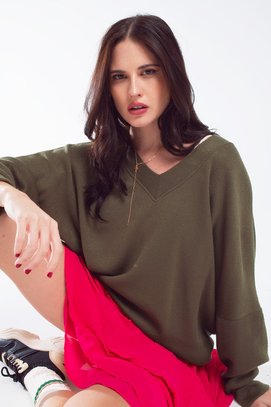 Oversized Olive Green Swearshirt wth V-Neckline - Jumpers