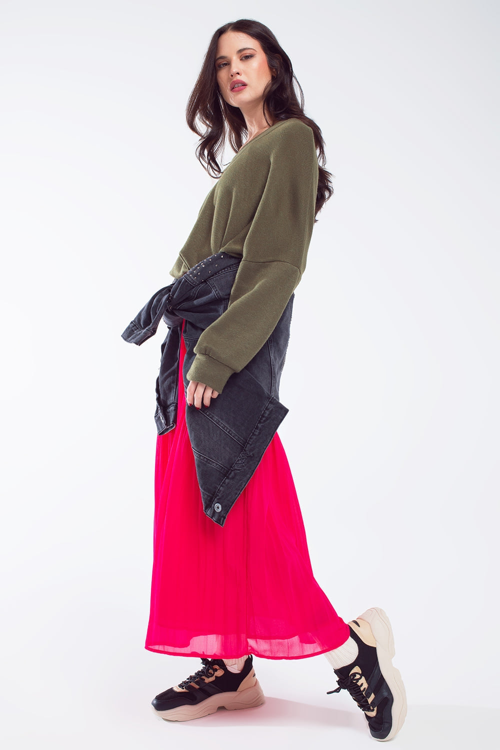 Oversized Olive Green Swearshirt wth V-Neckline - Jumpers