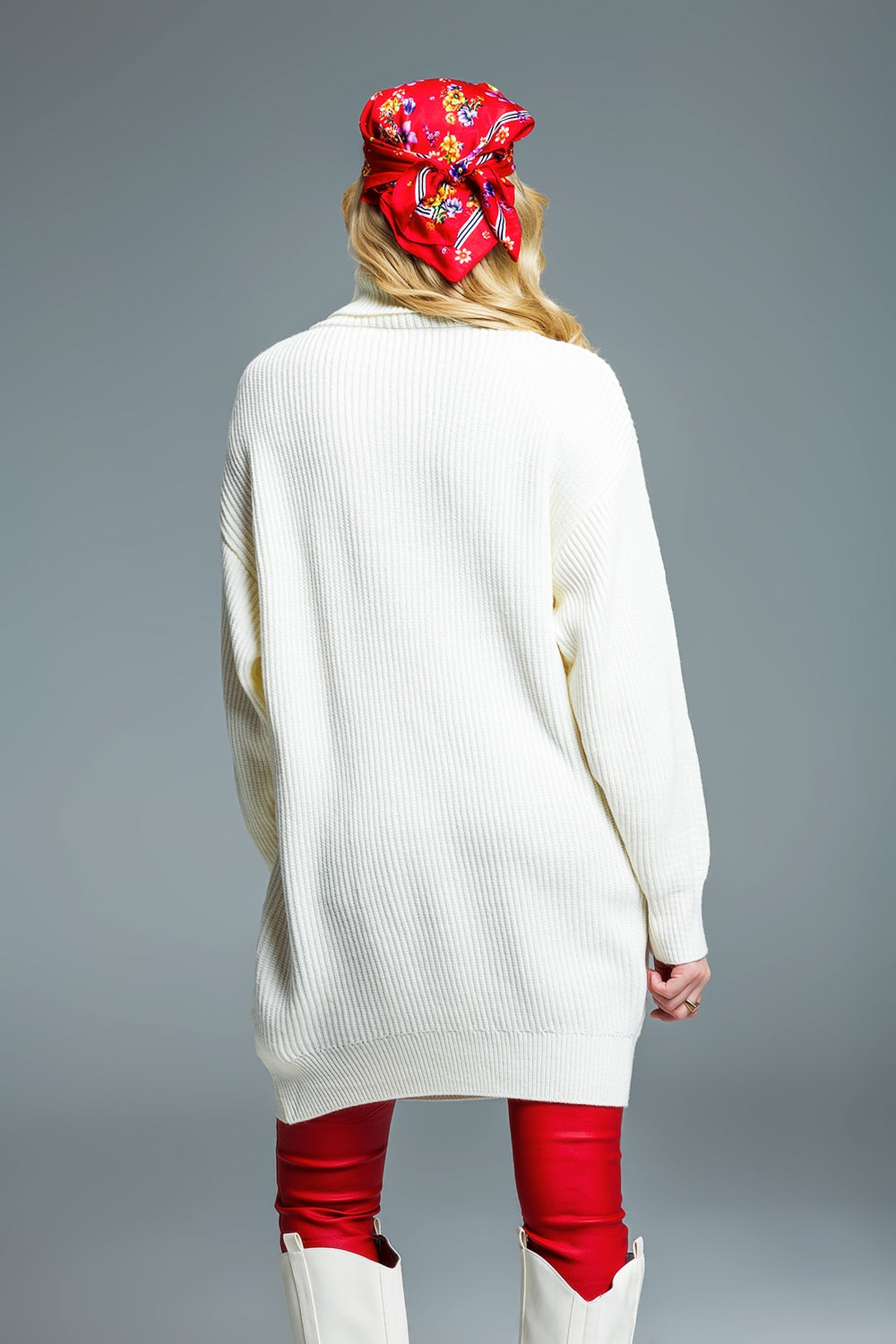 Oversized Ribbed Knit dress With Turtle Neck in Cream - Dresses