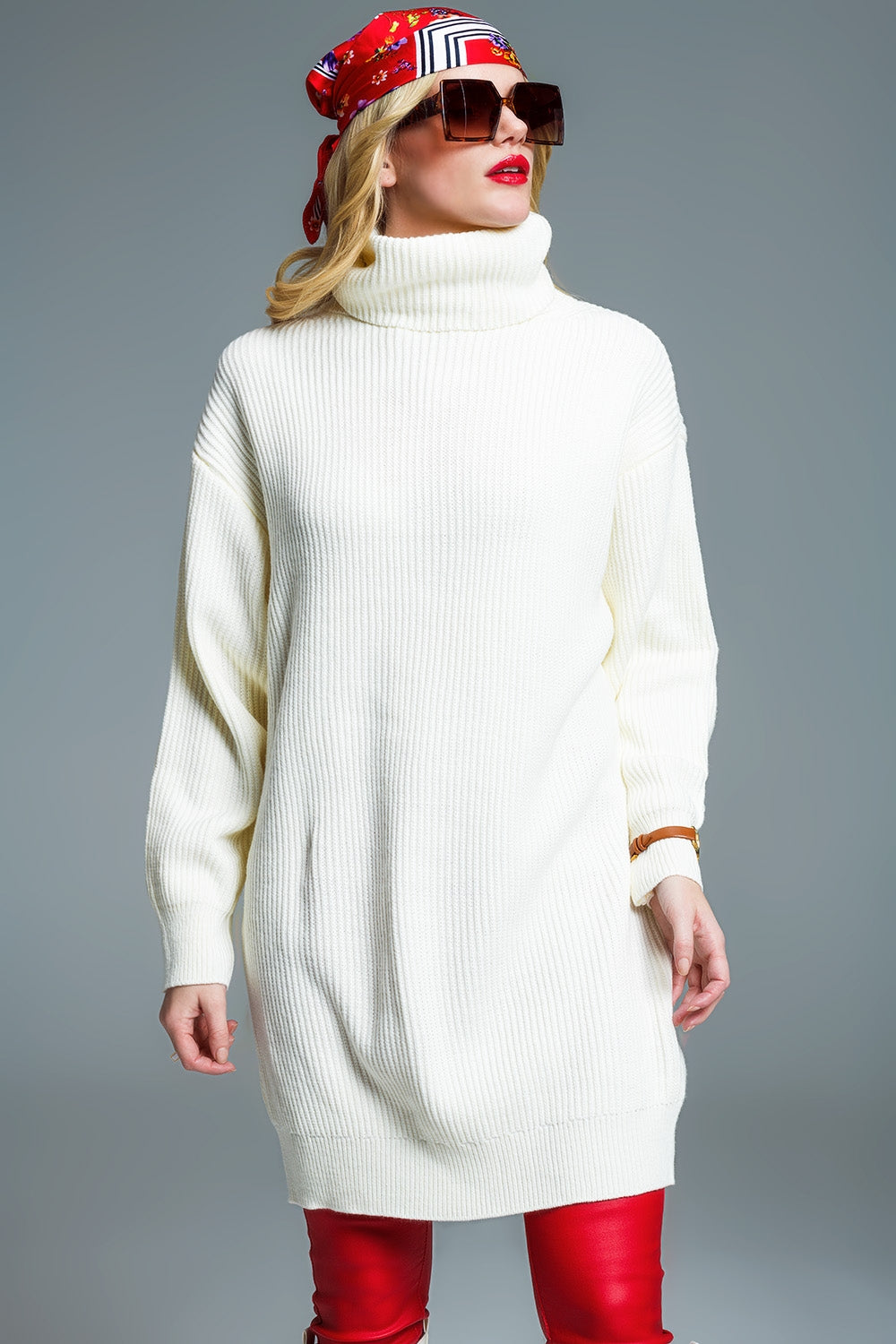 Oversized Ribbed Knit dress With Turtle Neck in Cream - Dresses