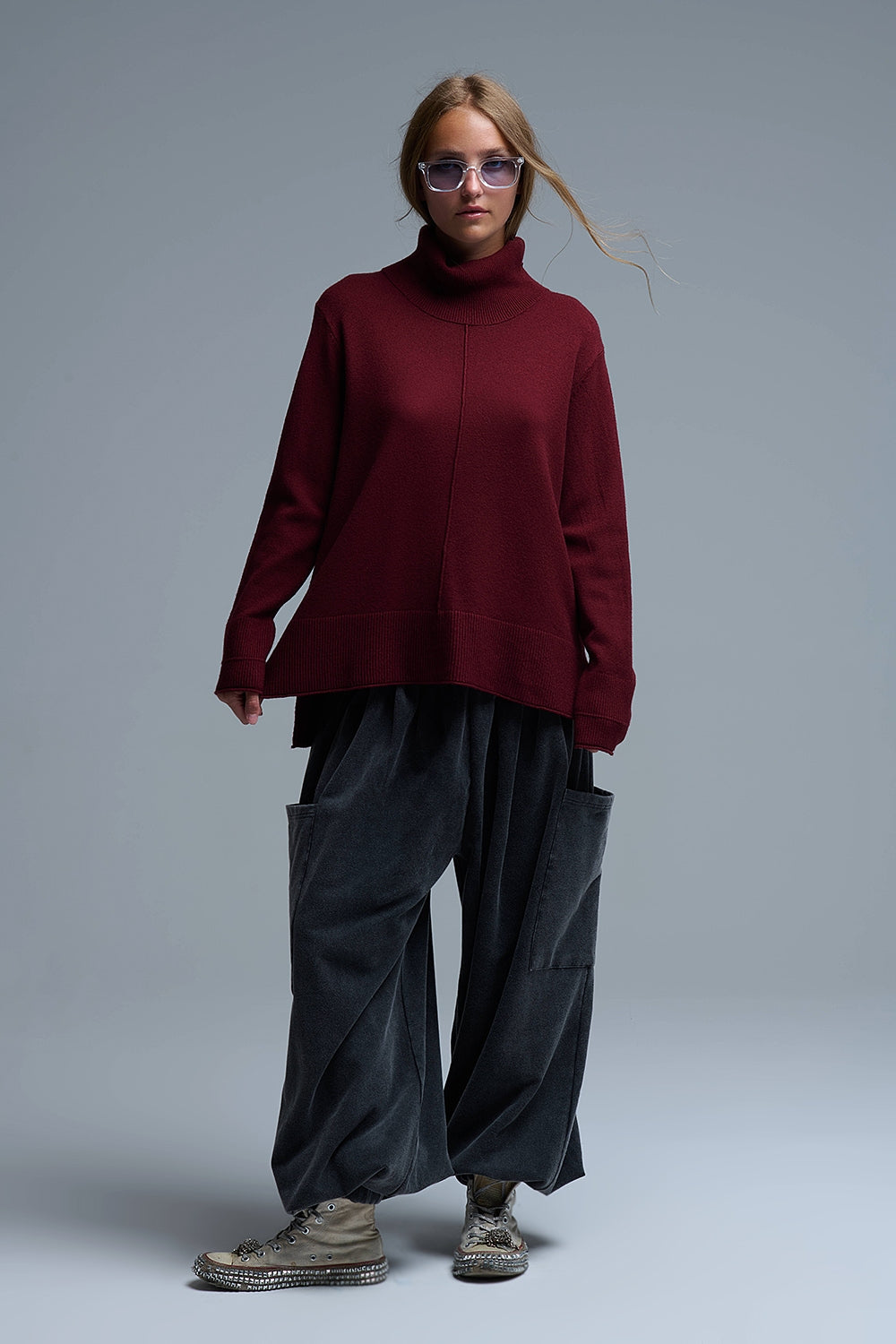 Oversized Roll Neck Sweater in Burgundy -