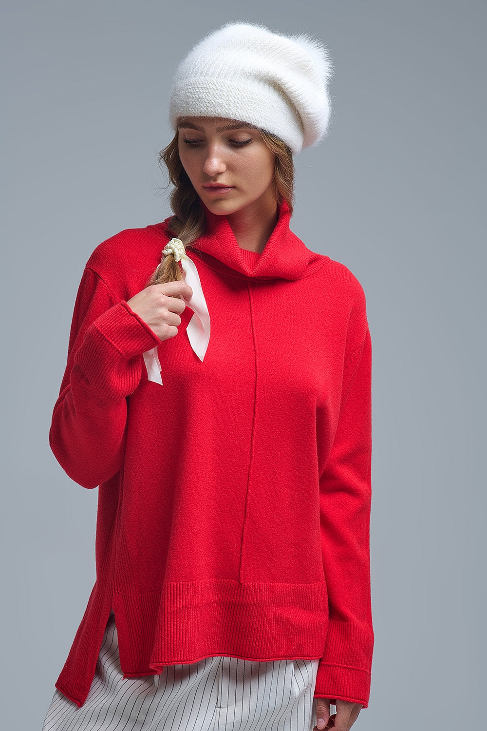 Oversized Roll Neck Sweater in Red -