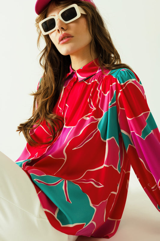 Satin Oversized shirt with floral designs and button closure - Shirts