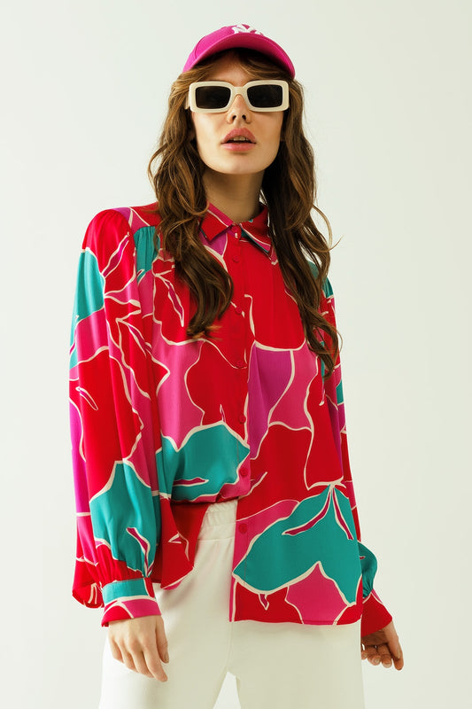 Satin Oversized shirt with floral designs and button closure - Shirts