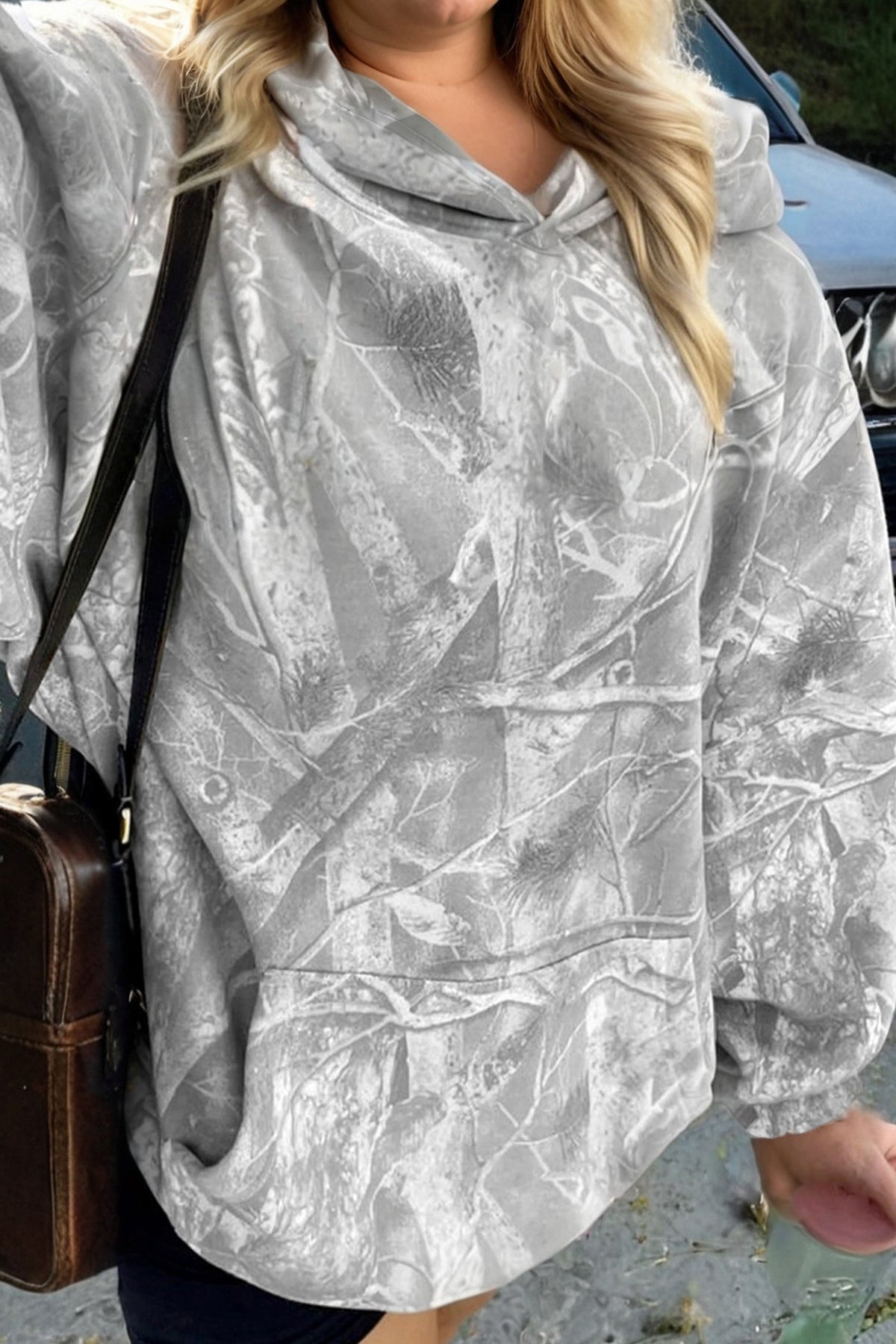Gray Plus Size Camouflage Woodland Print Oversized Sporty Hoodie Gray 100%Polyester - Plus Size/Plus Size Sweatshirts & Hoodies