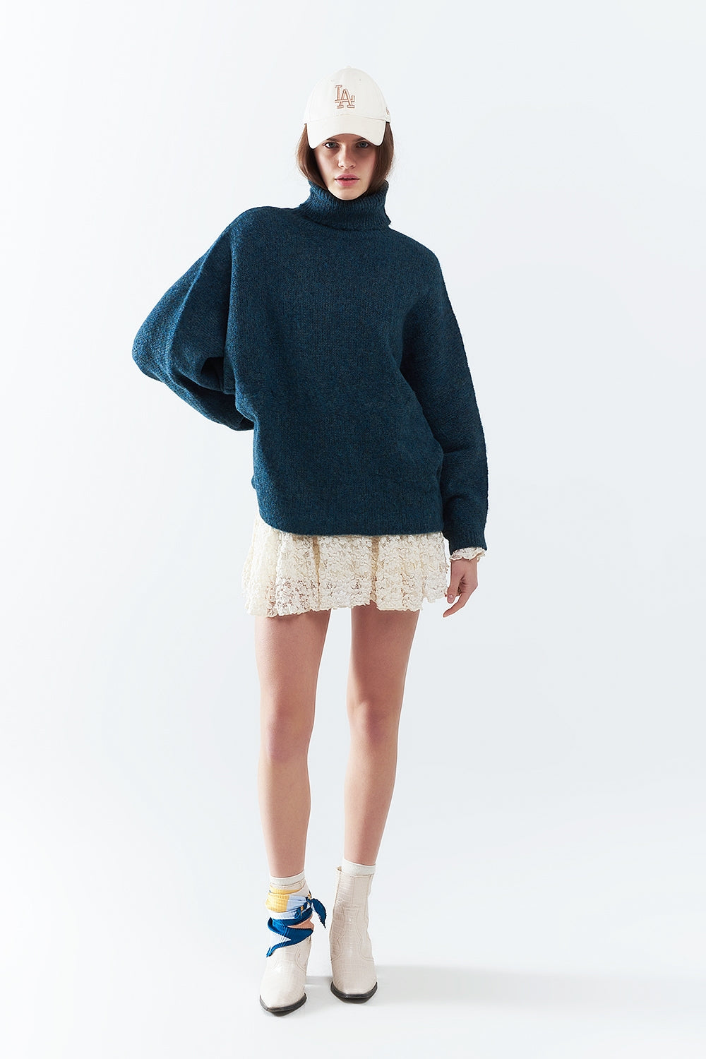 Oversized sweater in teal with a high neck and loose sleeves - Jumpers