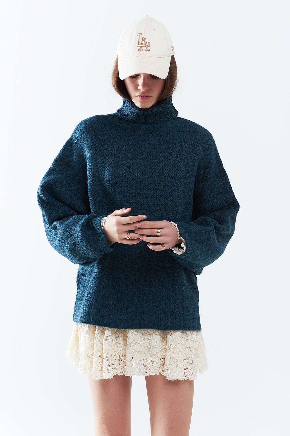 Oversized sweater in teal with a high neck and loose sleeves - Jumpers