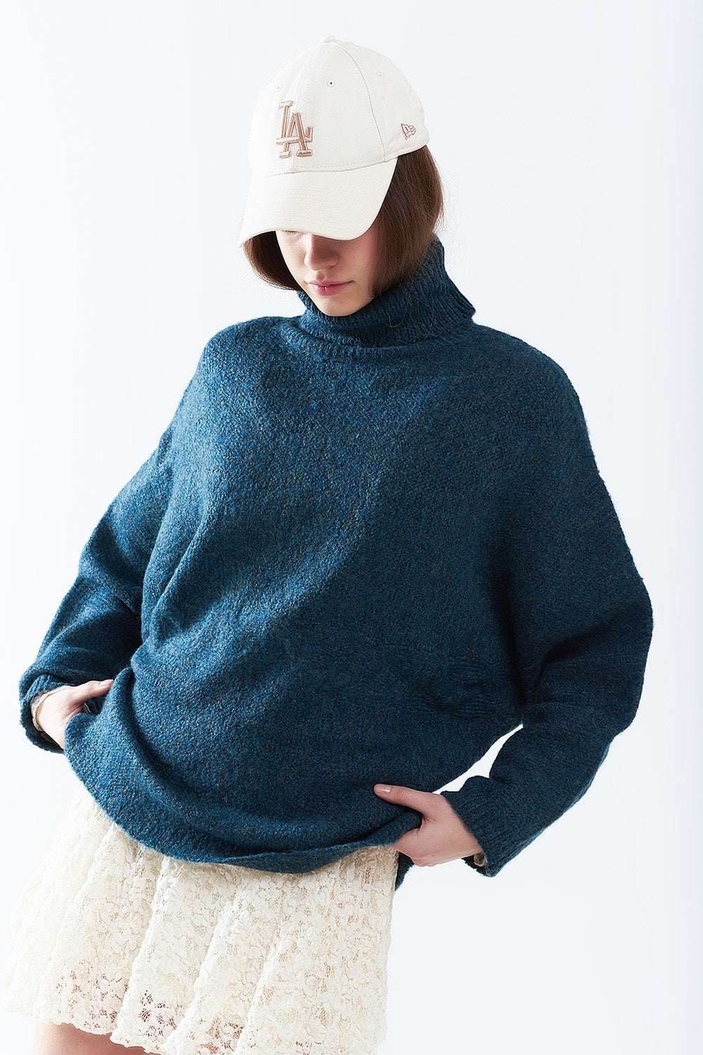 Oversized sweater in teal with a high neck and loose sleeves - Jumpers