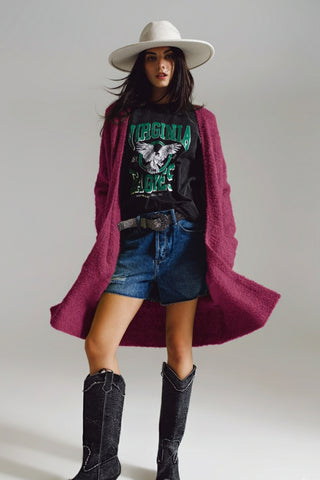 Oversized thick terry knit cardigan in fucsia
