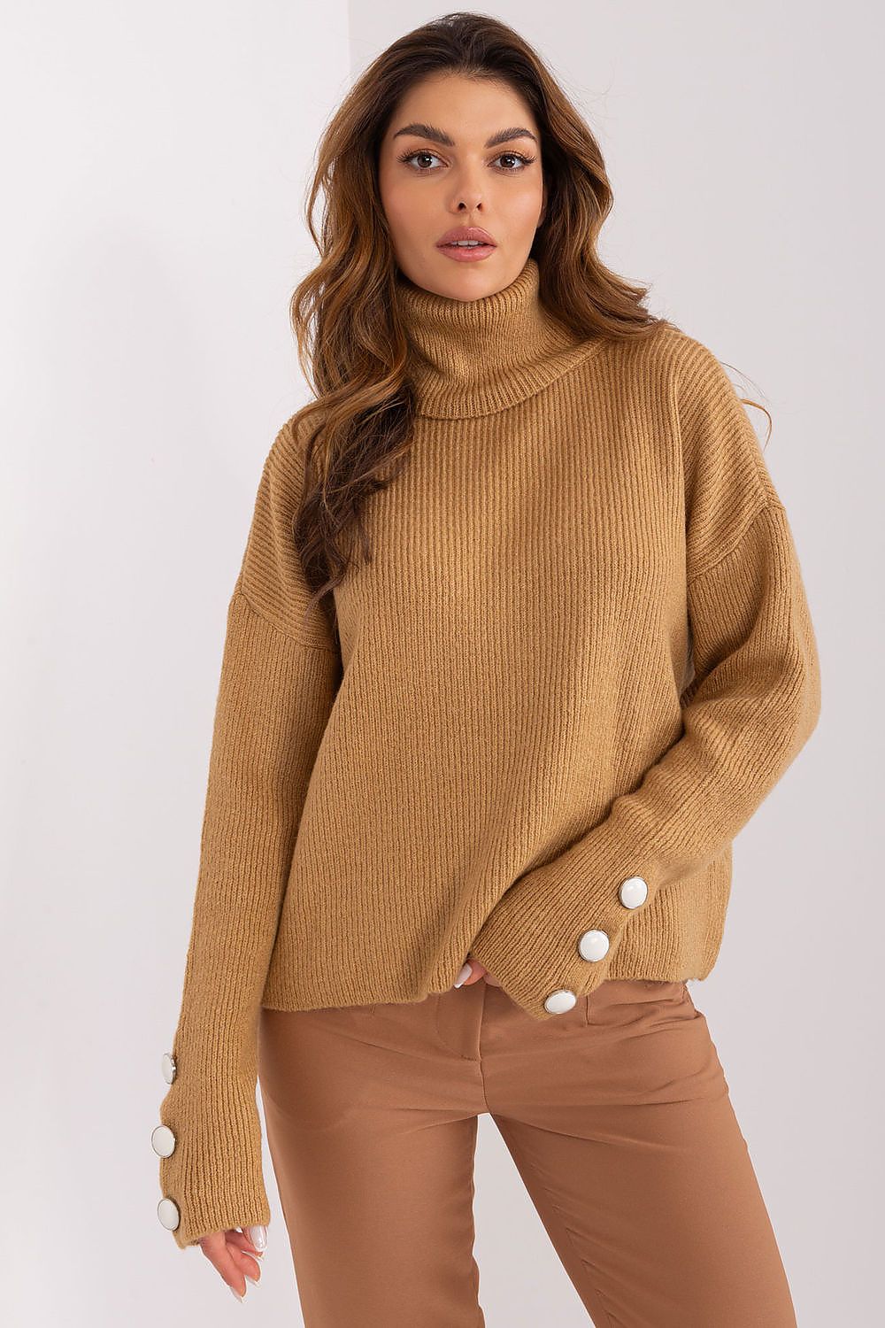 Oversized Turtleneck Sweater with Button Details brown one-size-fits-all - Sweaters