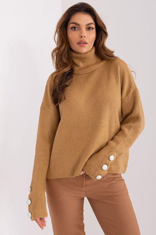 Oversized Turtleneck Sweater with Button Details brown one-size-fits-all - Sweaters