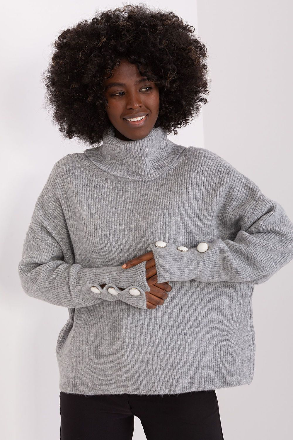 Oversized Turtleneck Sweater with Button Details grey one-size-fits-all - Sweaters
