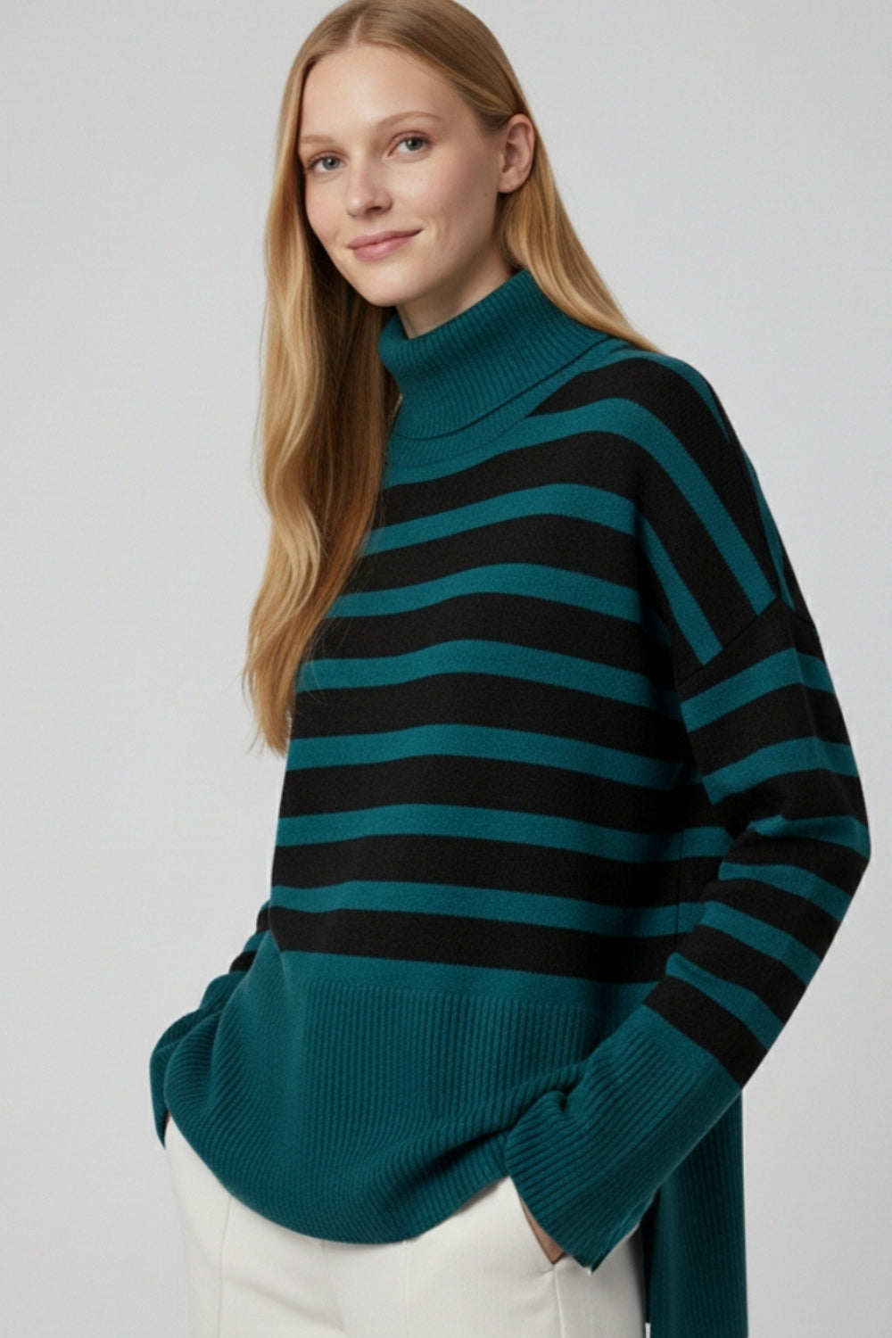oversized turtleneck sweater with black stripes and splits on the side -
