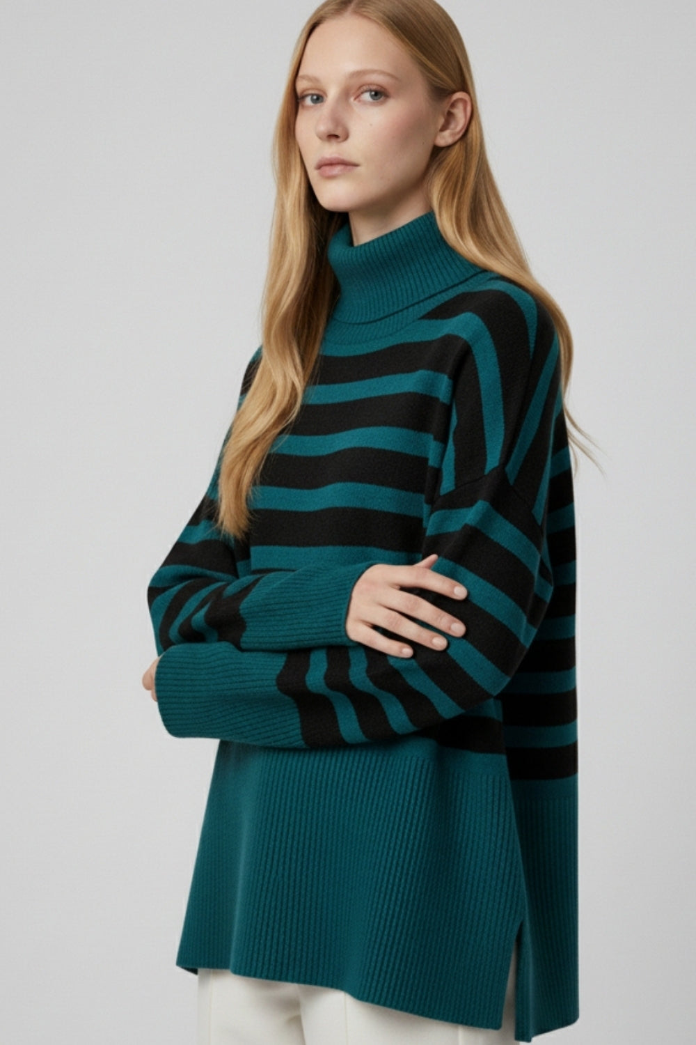 oversized turtleneck sweater with black stripes and splits on the side -