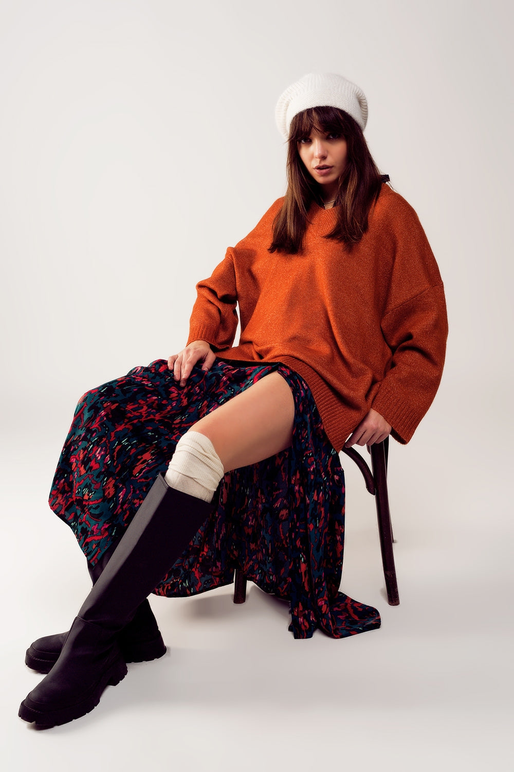 Oversized v neck sweater dress in orange - Dresses