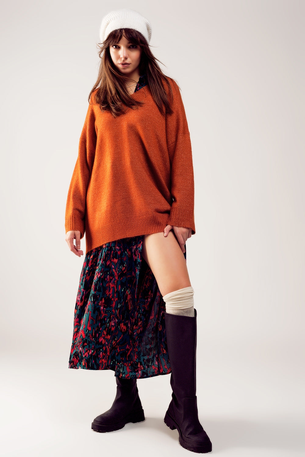 Oversized v neck sweater dress in orange - Dresses