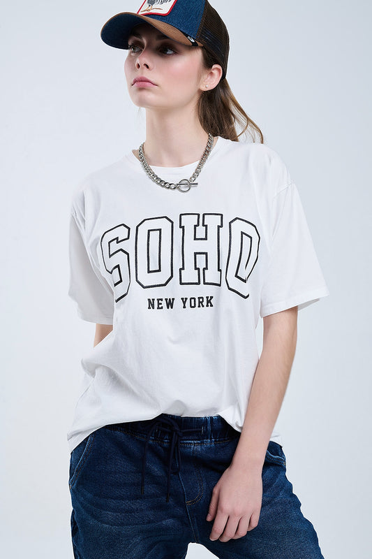 Oversized White T-shirt With Soho New York At The Front - T-Shirts