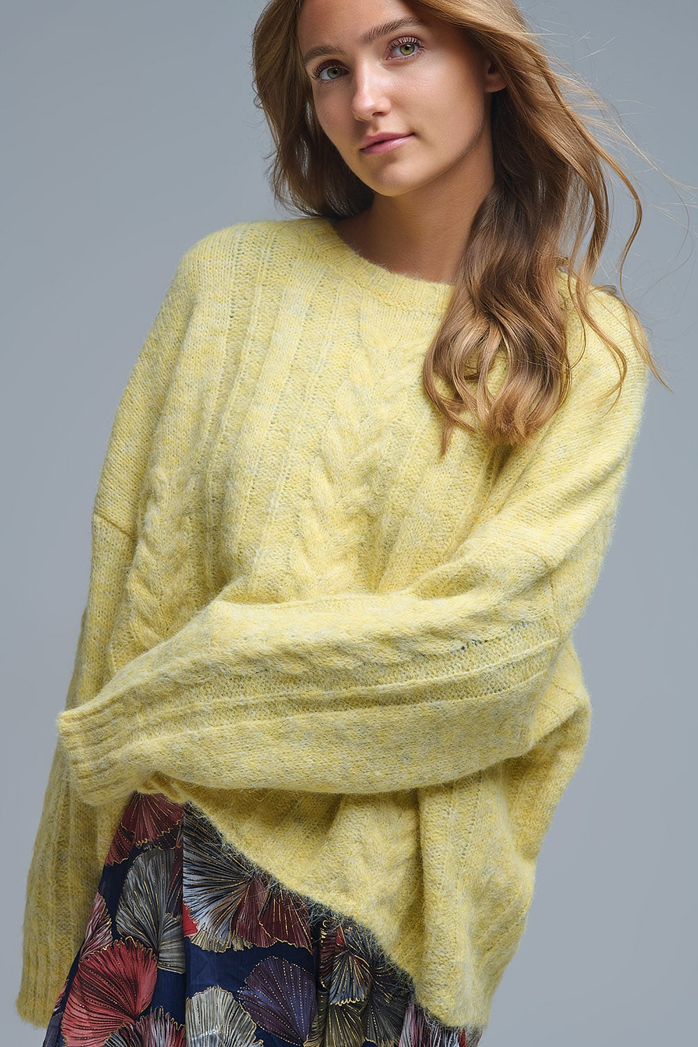 Crew Neck thin cable knit sweater in yellow - Sweaters