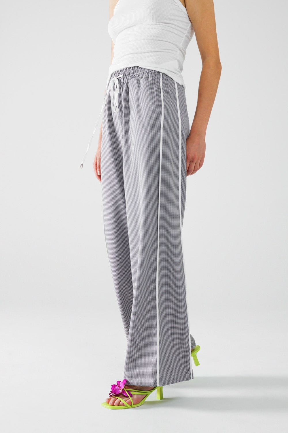 Palazzo Black and White Gingham Pants With Drawstring - Trousers