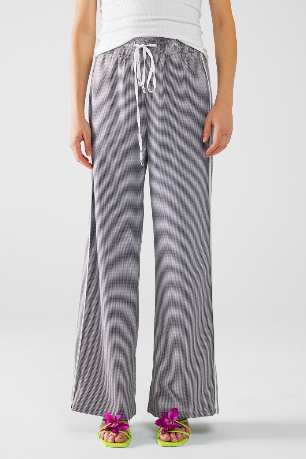 Palazzo Black and White Gingham Pants With Drawstring - Trousers
