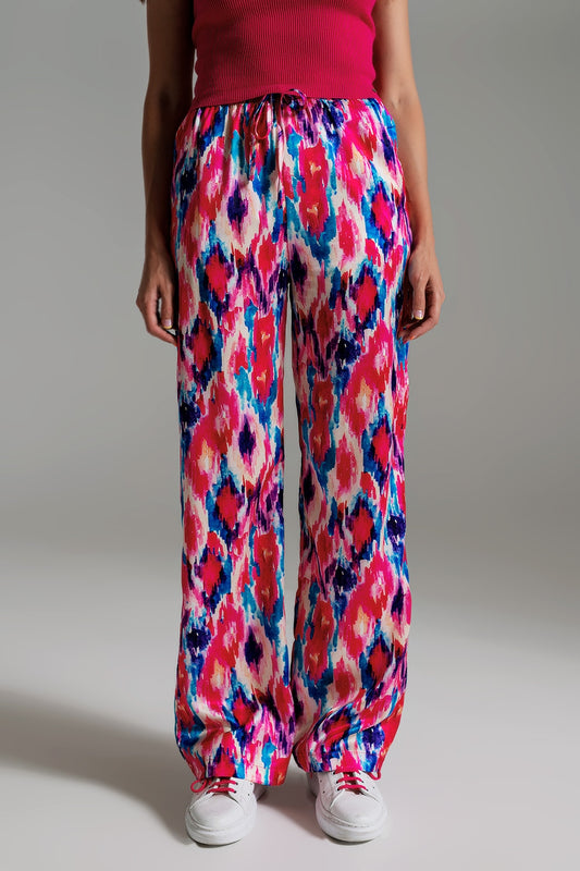Palazzo Style Pants in Abstract Pink and Blue Print - Pants