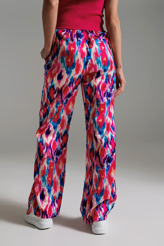 Palazzo Style Pants in Abstract Pink and Blue Print - Pants