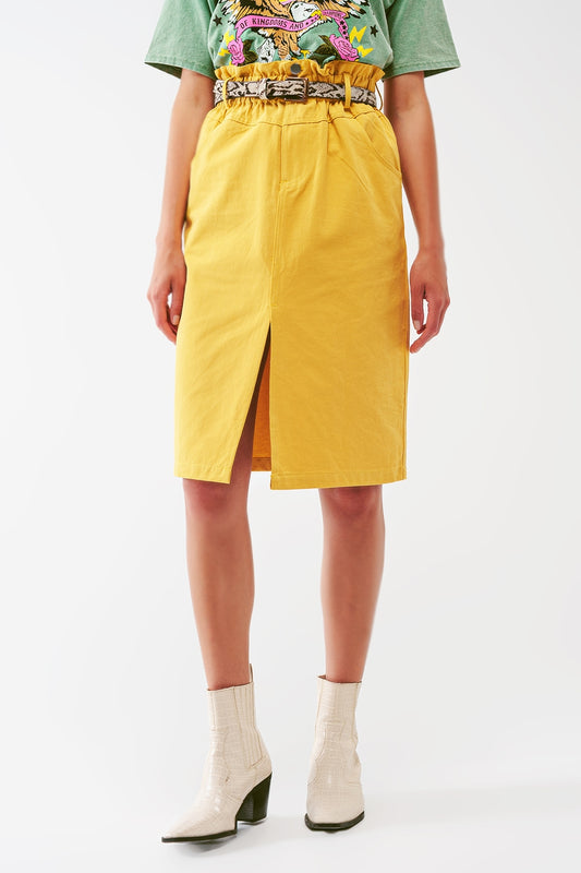 Paper Bag Waist Straight Skirt With Front Slit in Yellow - Skirts