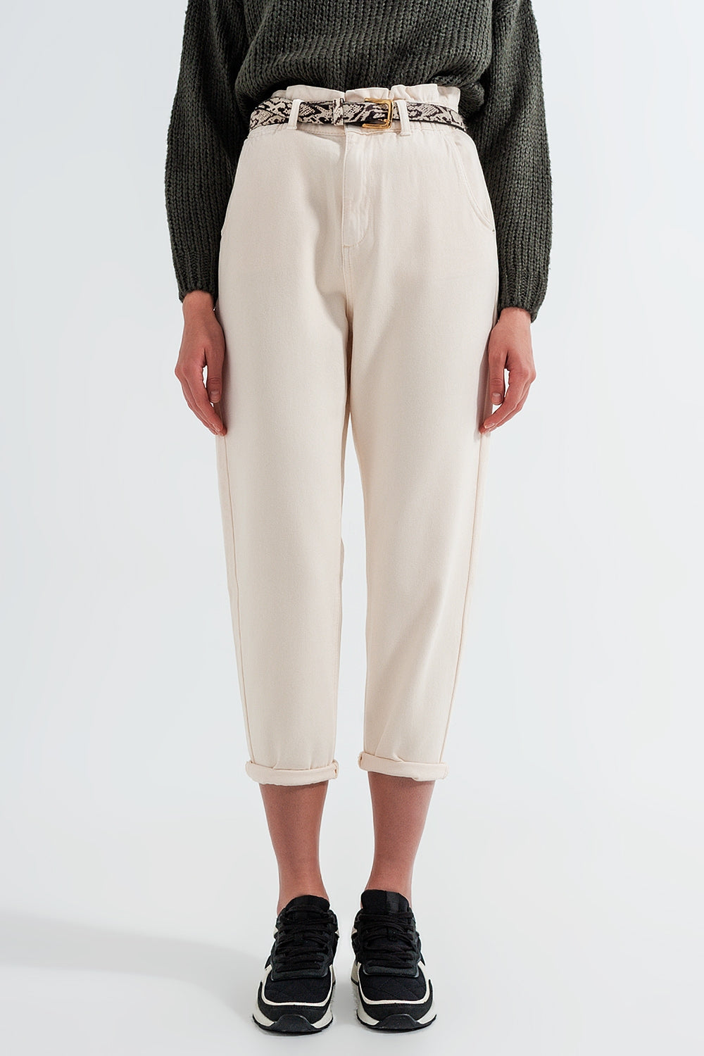 Paperbag waist straight leg jeans in cream - Jeans