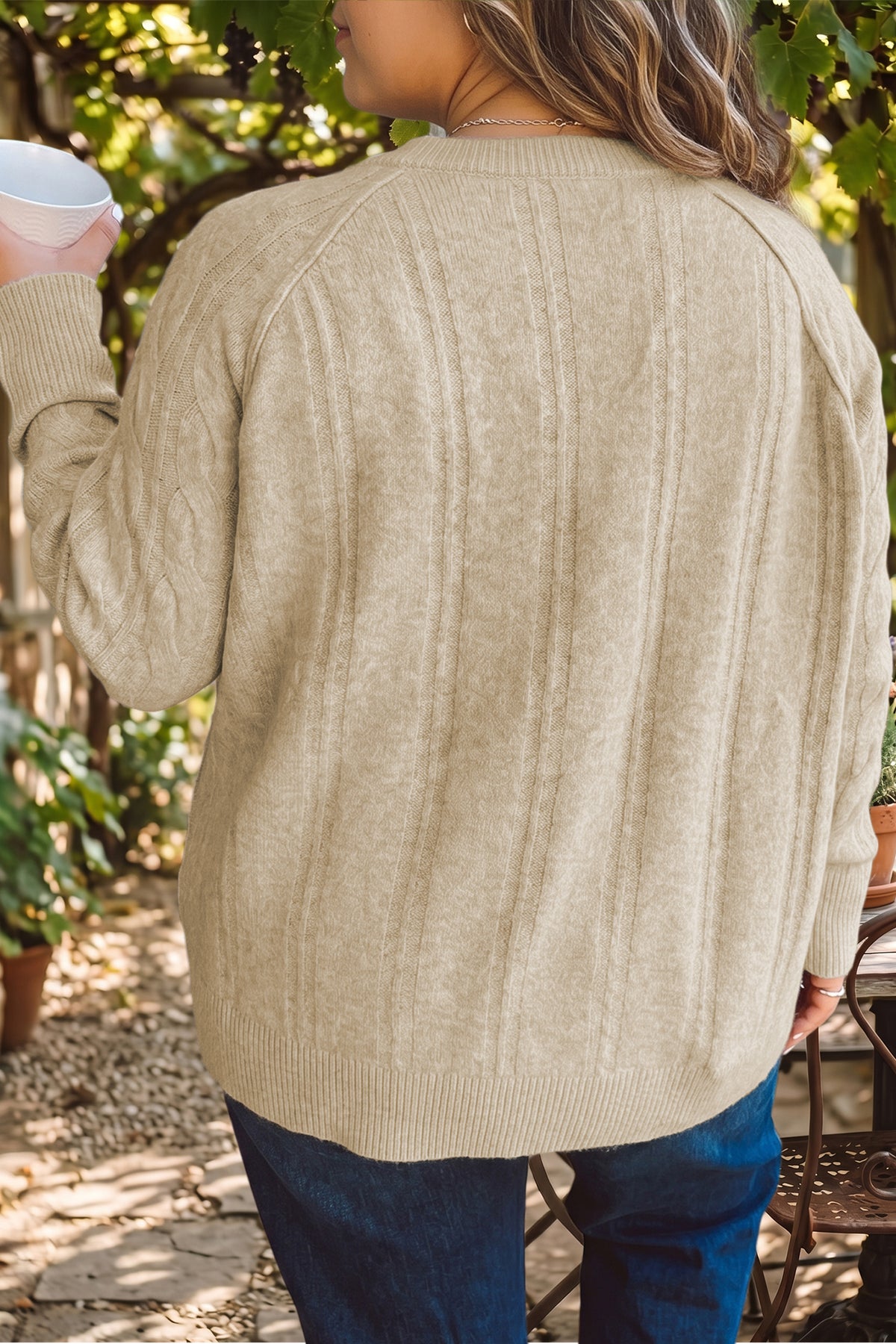 Parchment Oversized Cable Knit Long Sleeve Round Neck Tunic Length Plus Size Sweater - Plus Size/Plus Size Sweaters & Cardigans