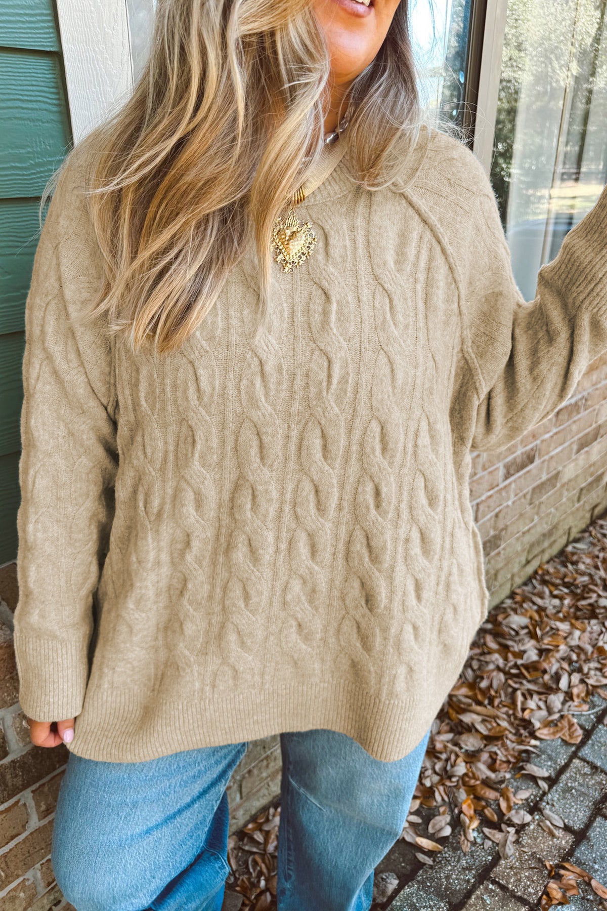 Parchment Oversized Cable Knit Long Sleeve Round Neck Tunic Length Plus Size Sweater Parchment 52%Viscose+26%Polyester+22%Polyamide - Plus Size/Plus Size Sweaters & Cardigans