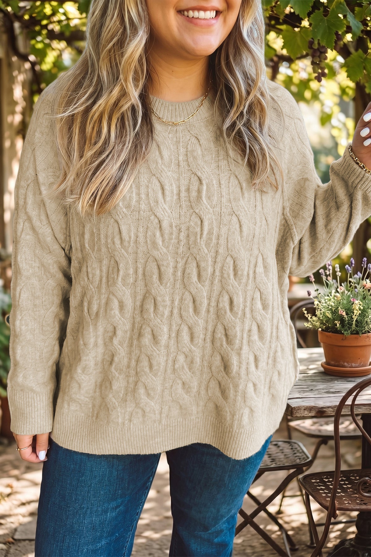 Parchment Oversized Cable Knit Long Sleeve Round Neck Tunic Length Plus Size Sweater - Plus Size/Plus Size Sweaters & Cardigans