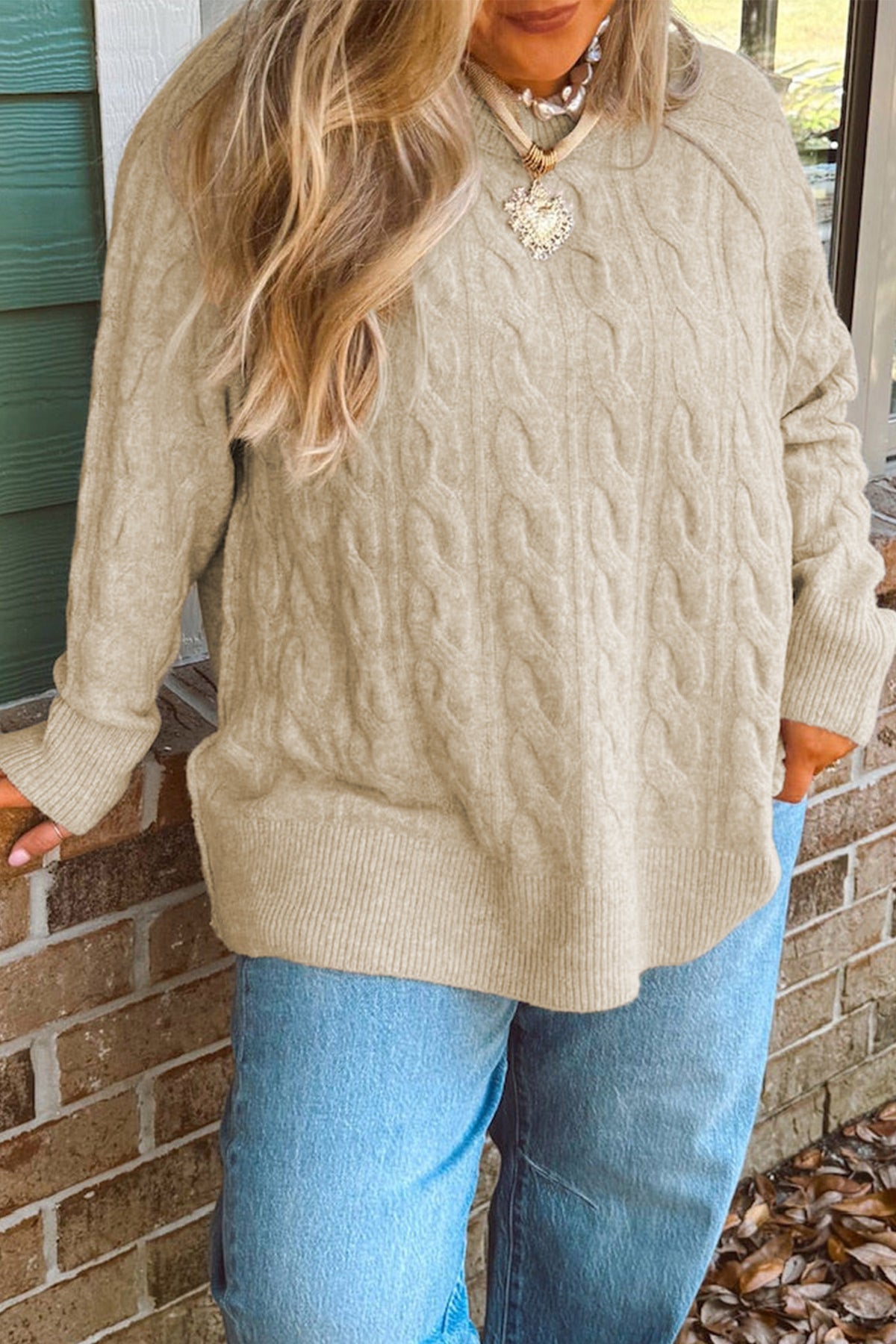 Parchment Oversized Cable Knit Long Sleeve Round Neck Tunic Length Plus Size Sweater - Plus Size/Plus Size Sweaters & Cardigans