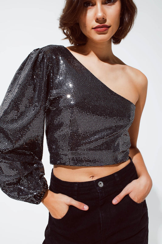 Party Cropped one shoulder top with glitter detail in silver - Tops