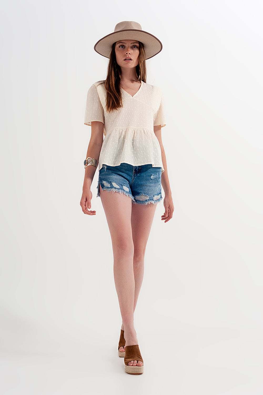 Peplum broderie top in Beige - Tops