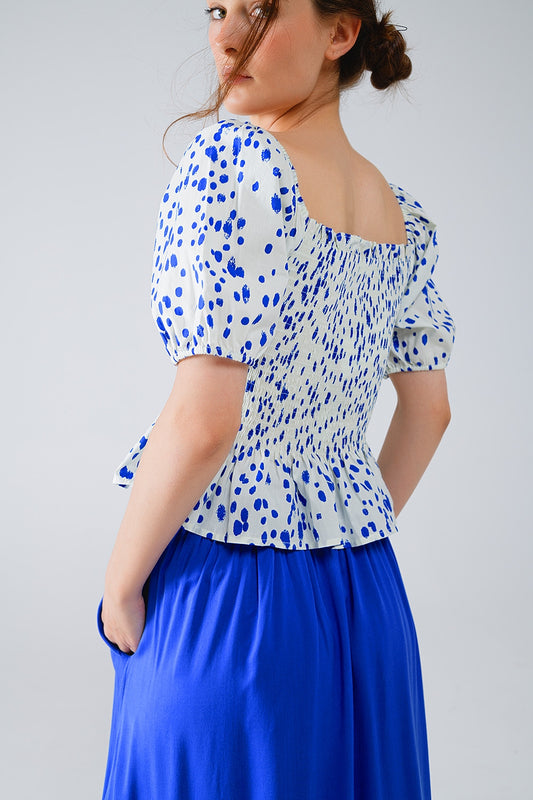 Peplum Shirred White Blouse With Blue Polka Dots - Blouses
