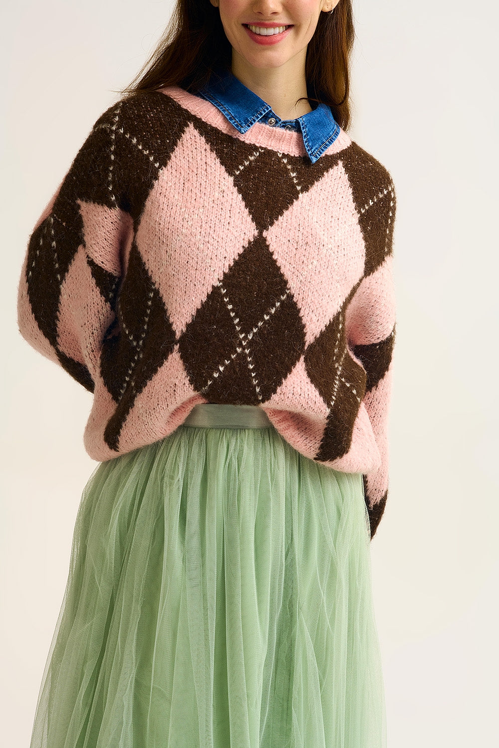 Pink and Brown Argyle Knit Sweater with Voluminous Sleeves - Sweaters