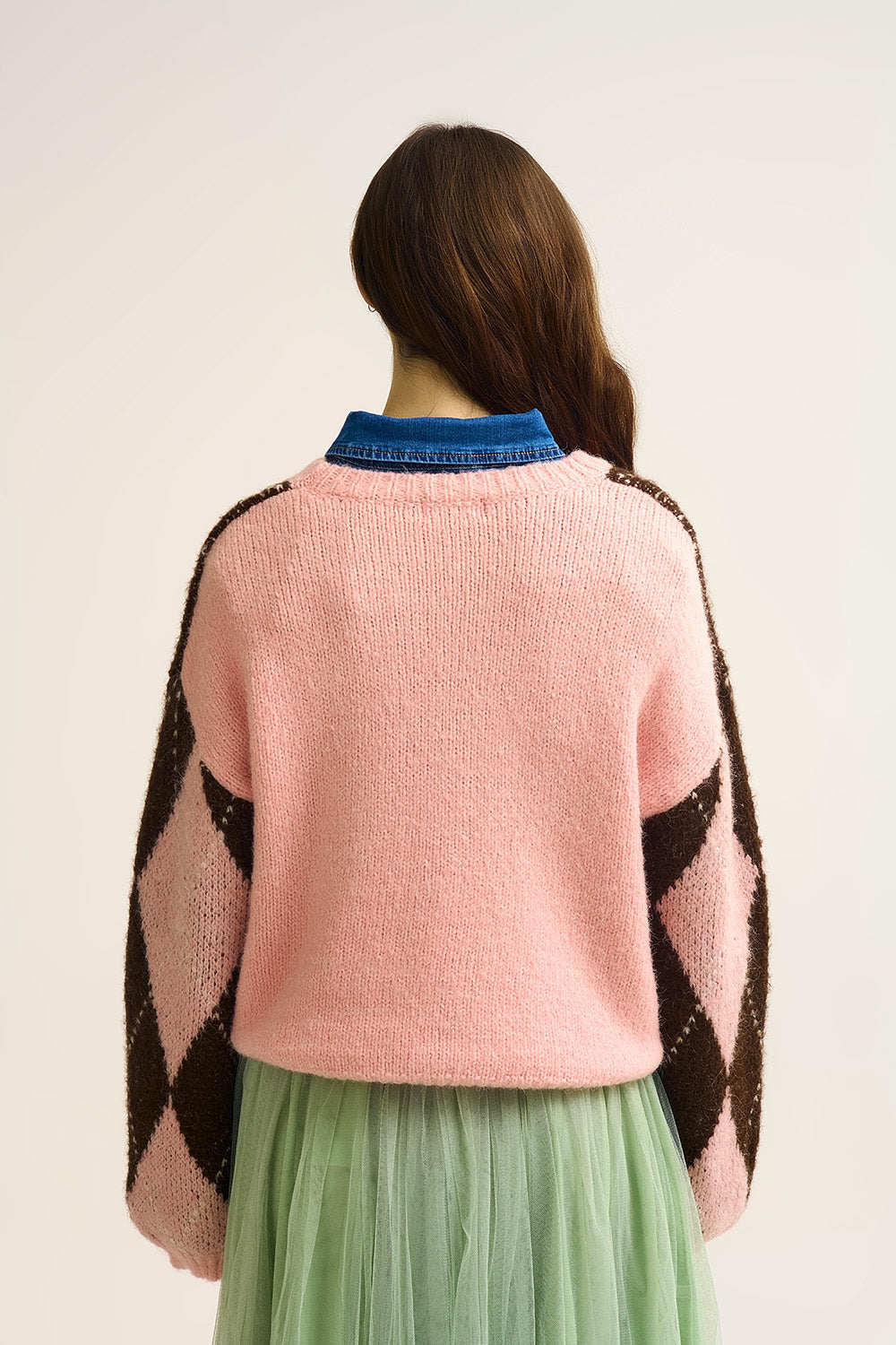 Pink and Brown Argyle Knit Sweater with Voluminous Sleeves - Sweaters