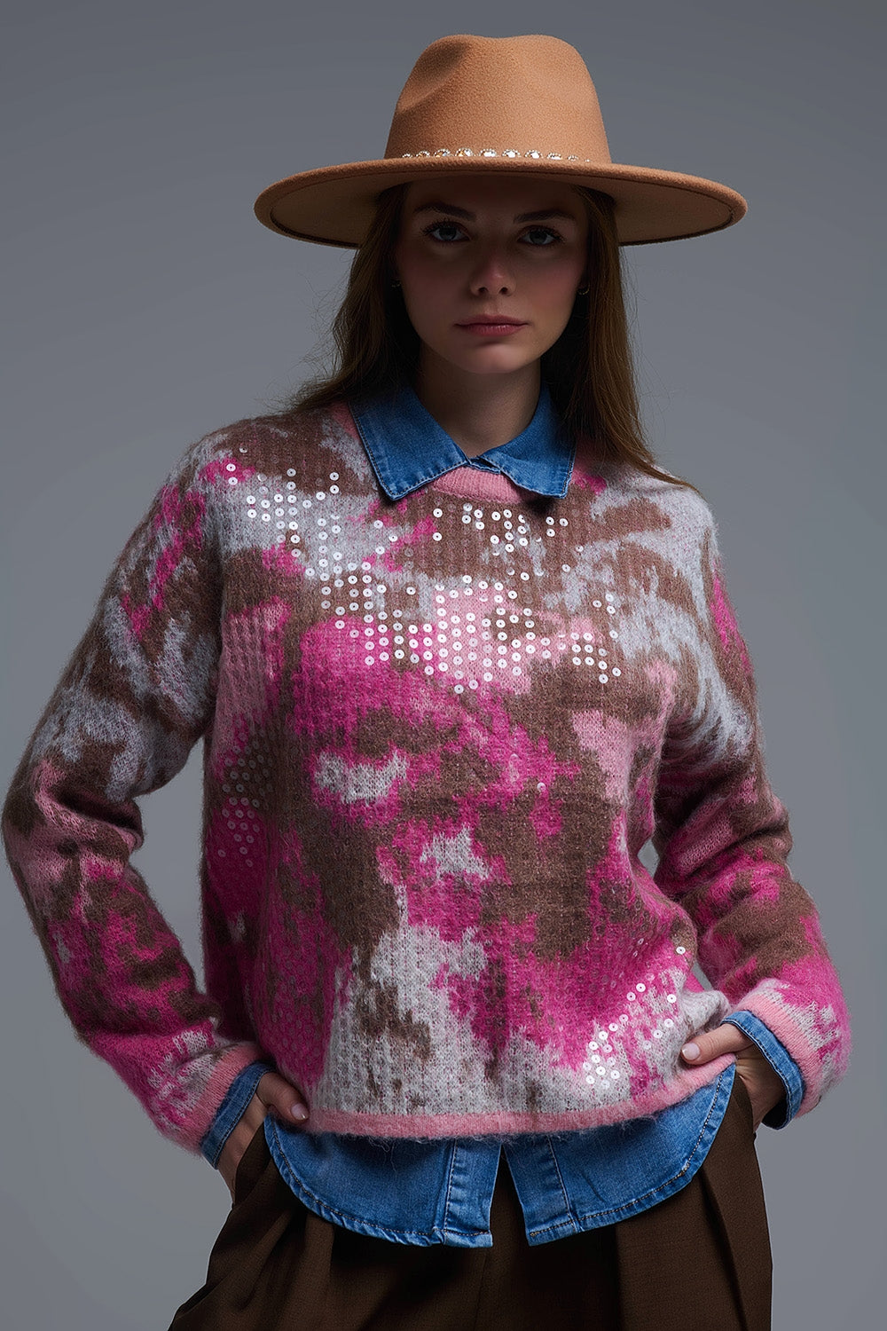 Pink Animal Print Sweater With Sequins - Sweaters