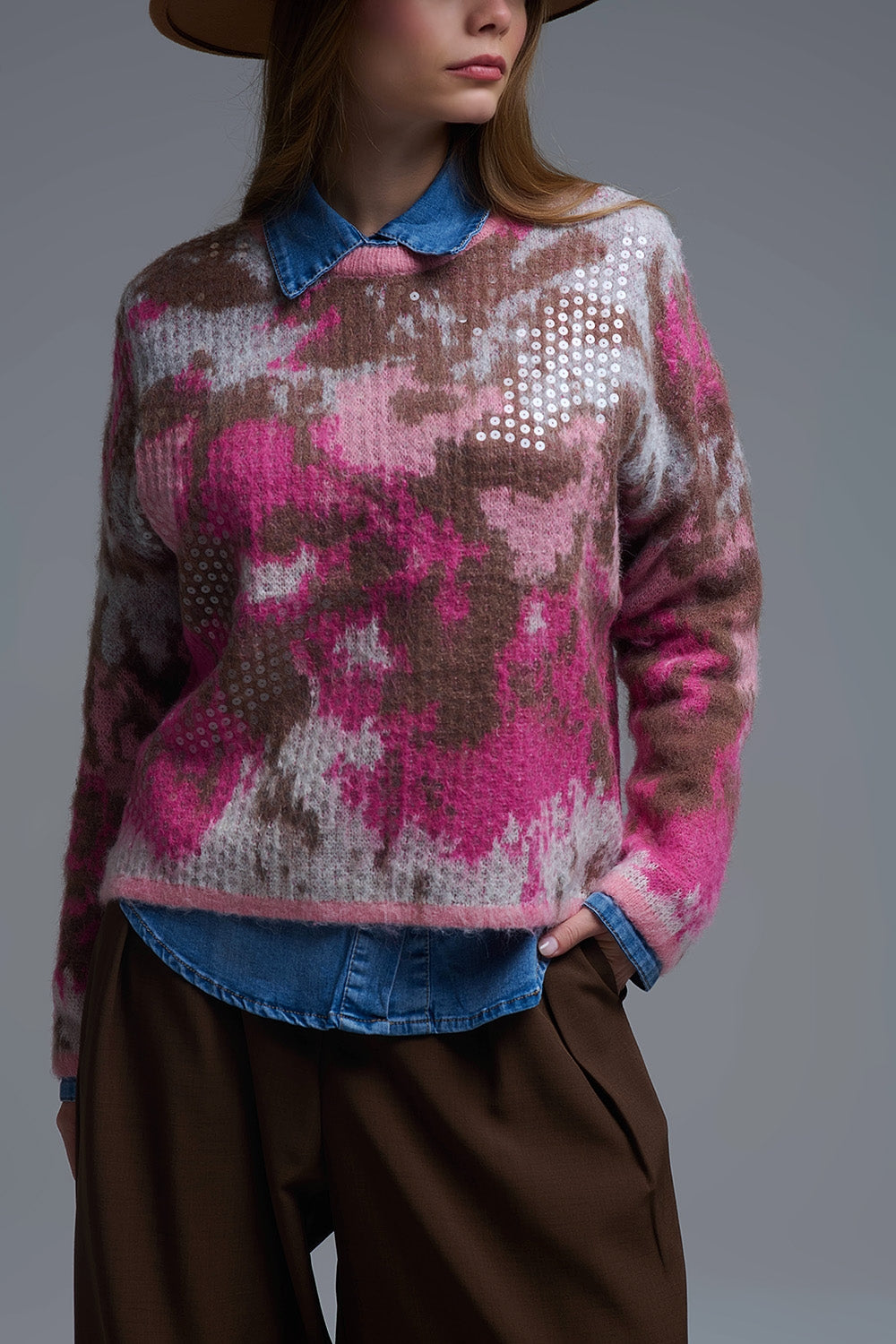 Pink Animal Print Sweater With Sequins - Sweaters