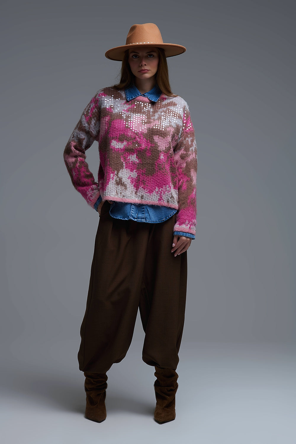 Pink Animal Print Sweater With Sequins - Sweaters