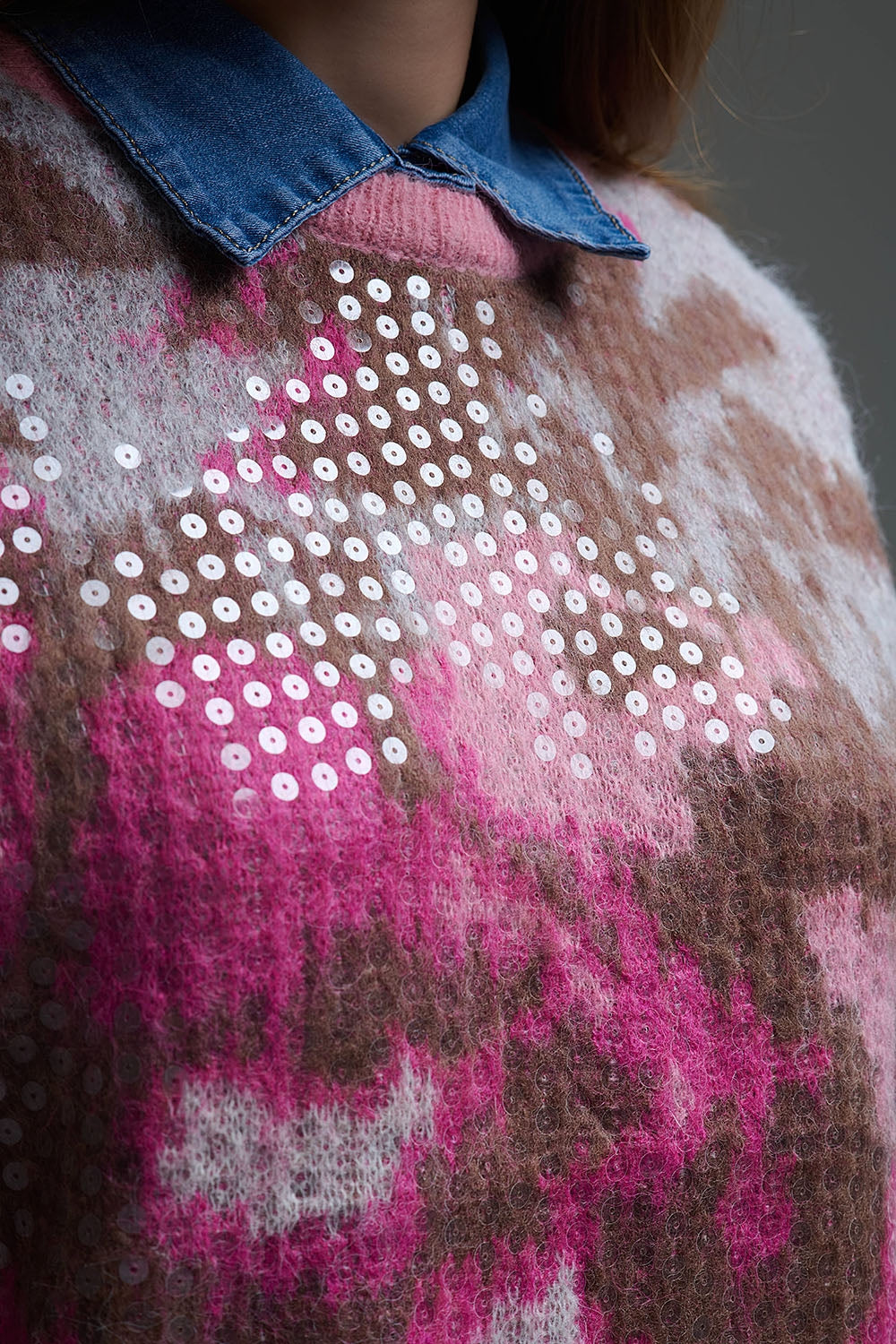Pink Animal Print Sweater With Sequins - Sweaters