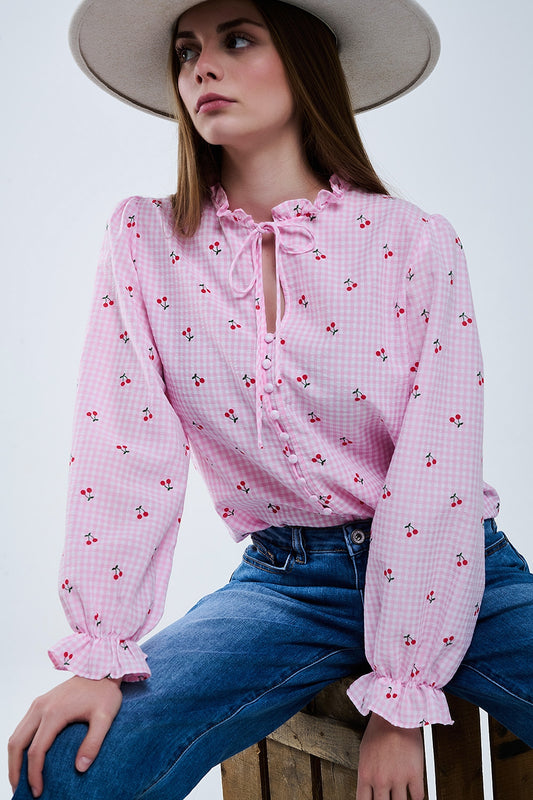 Pink Blouse with Cherry Details and Tied Bow - Blouses