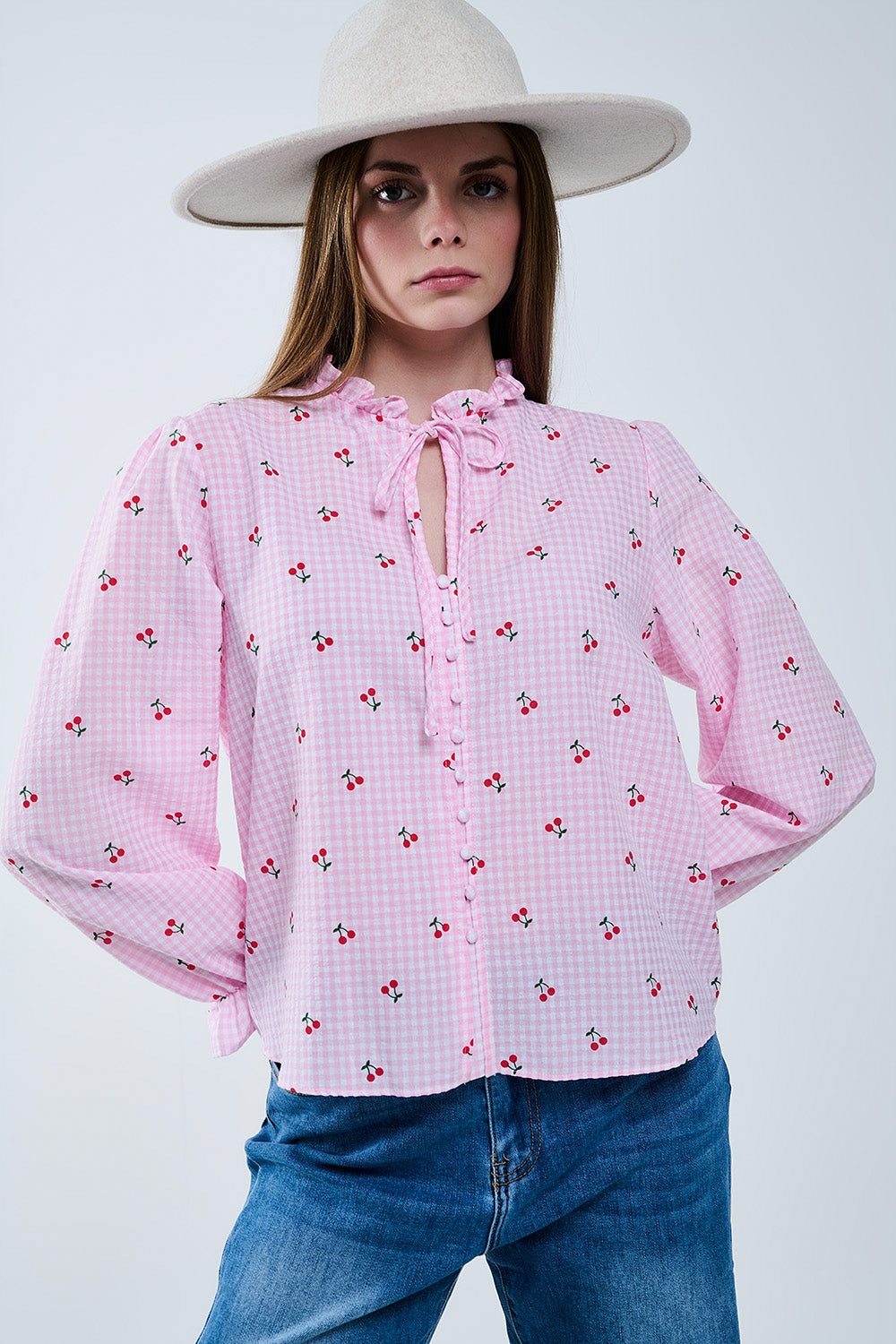Pink Blouse with Cherry Details and Tied Bow - Blouses