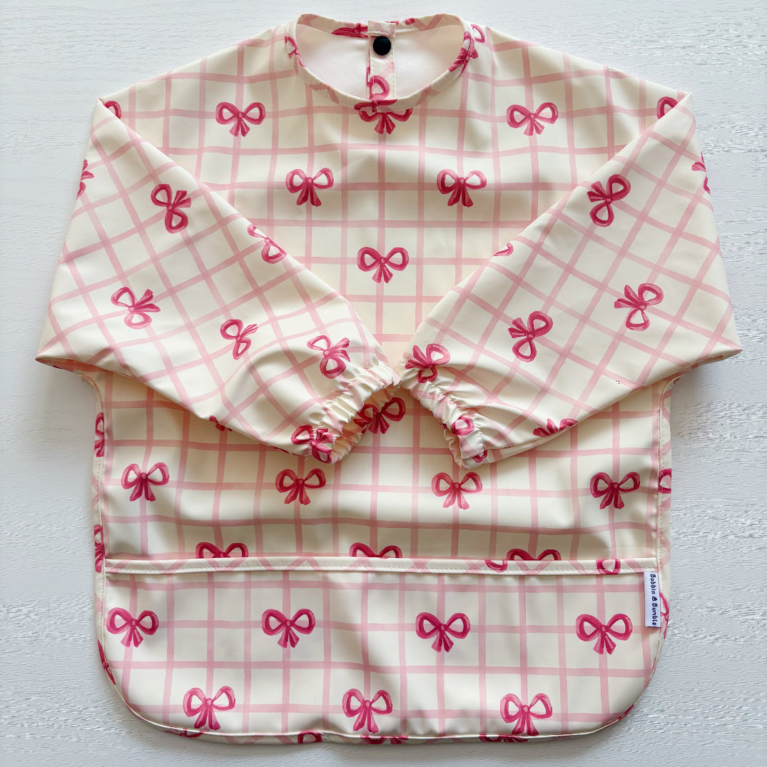 Long Sleeved Baby Bib - Pink Bow - Bibs