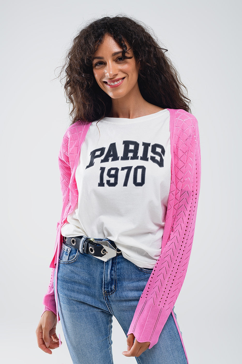 Pink Cardigan with Argyle Print and Tie Closing - Sweaters