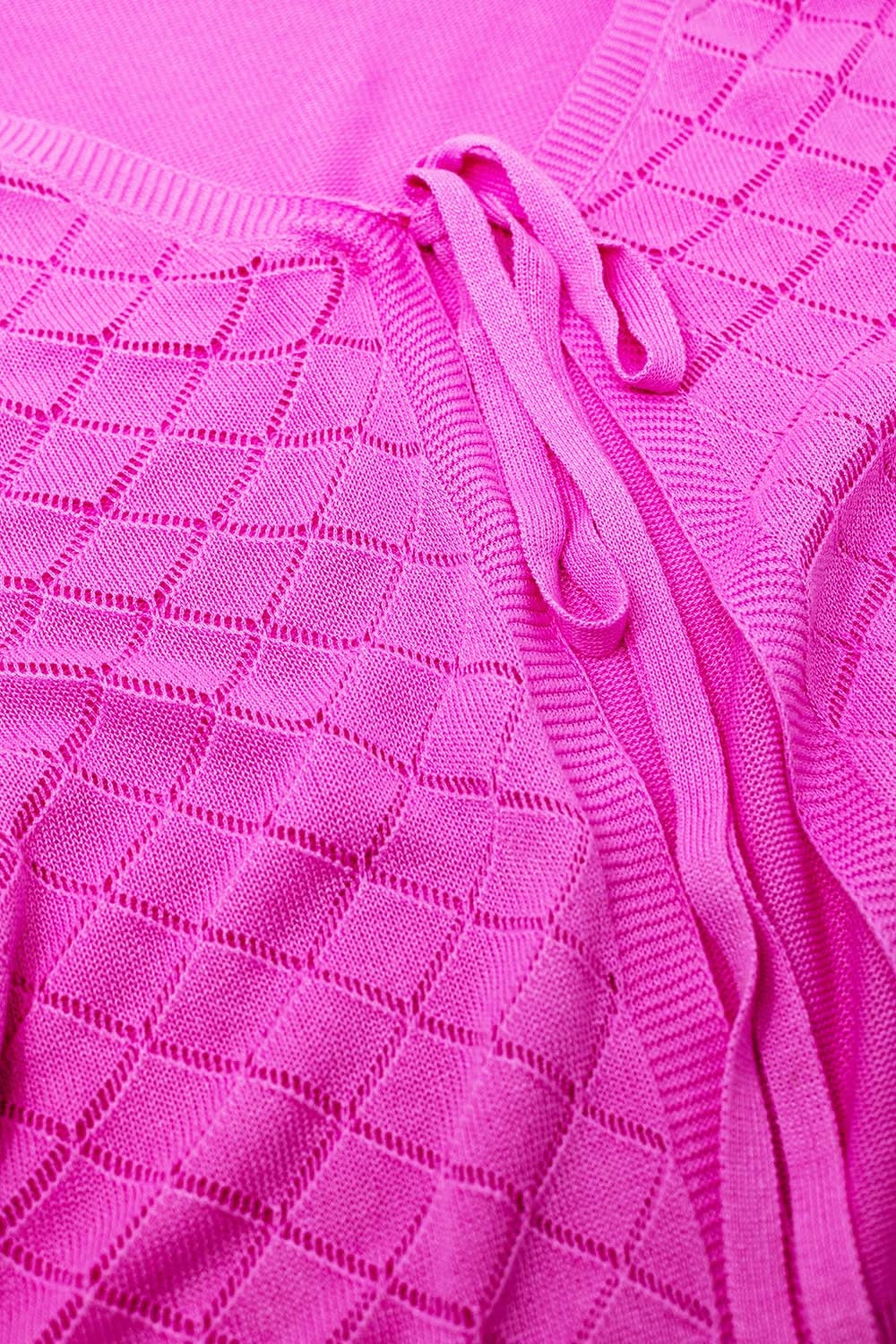 Pink Cardigan with Argyle Print and Tie Closing - Sweaters