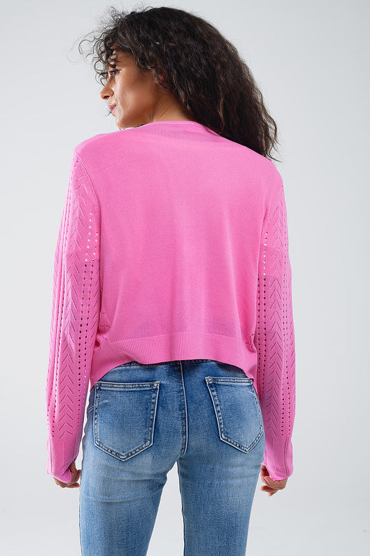 Pink Cardigan with Argyle Print and Tie Closing - Sweaters