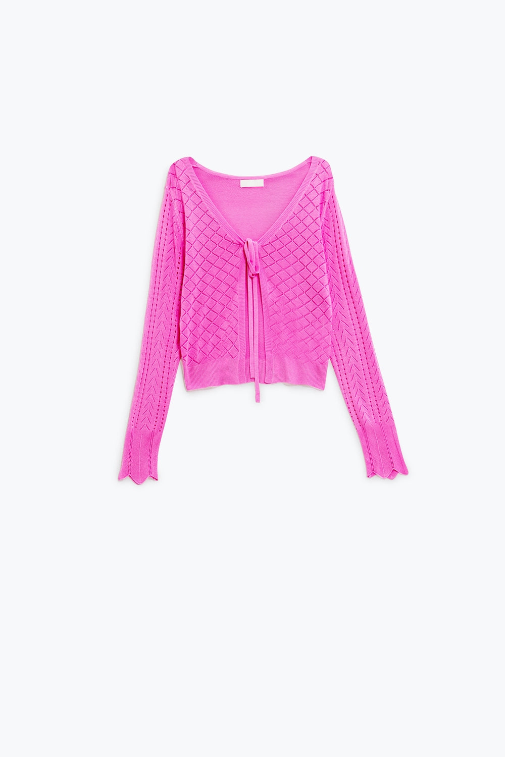 Pink Cardigan with Argyle Print and Tie Closing - Sweaters