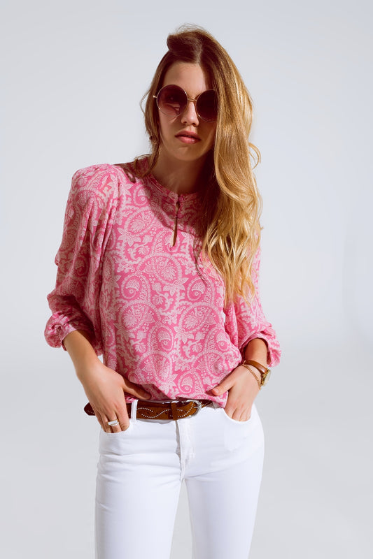 Pink chiffon Blouse With Floral Print And Long Balloon Sleeves - Blouses