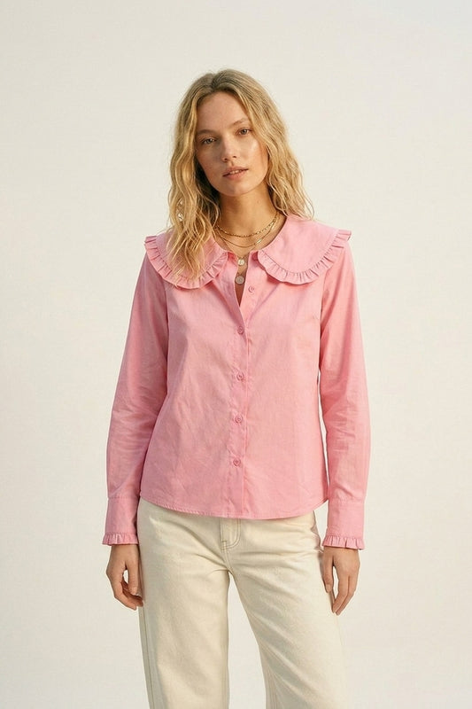 Pink Cotton Poplin Ruffle Prairie Collar Long Sleeve Shirt - Shirts